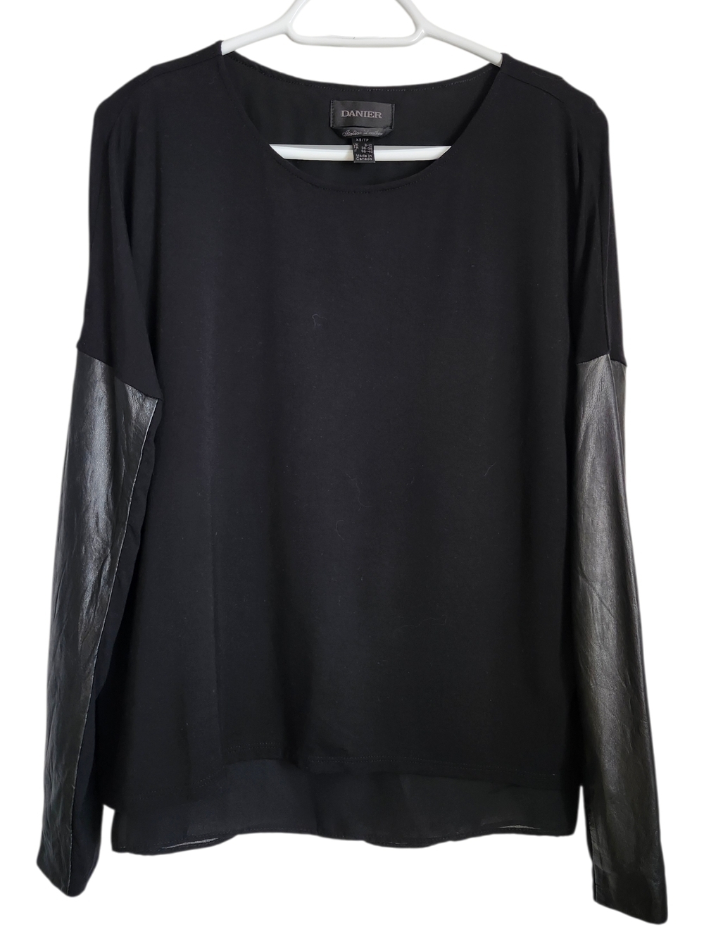 Danier Leather Sleeve Top XS Black Mixed Media Long Sleeve Minimalist